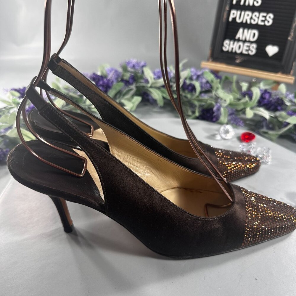 Pancaldi Sling Back Heels Womens Satin Pointed Toe Rhinestones Pumps Shoes - Picture 7 of 16
